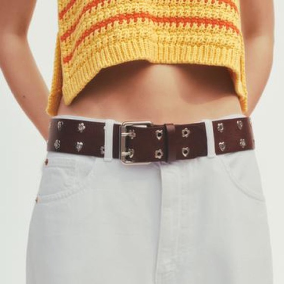 Zara LEATHER HEARTS AND FLOWERS BELT‎ Dark Brown Belt with Silver Details main image 12